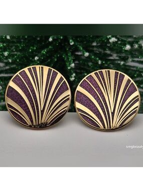 Vintage Rococo Purple Enamel Art Deco Fan Earrings Gold Tone NWOT